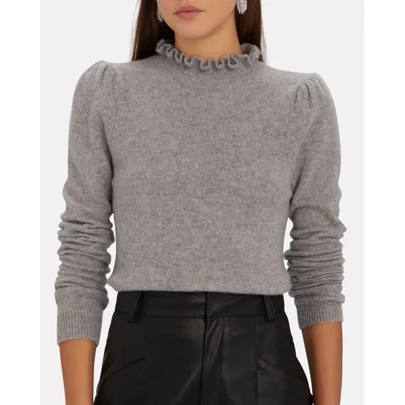 SOLD - NWT Frame Josefine Ruffle Neck Puff Sleeve Cashmere Sweater in Grey S - Picture 1 of 14